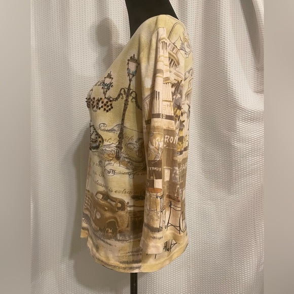 Raakhee multicolored graphic cafe 3/4 sleeve blouse size large - Picture 2 of 6